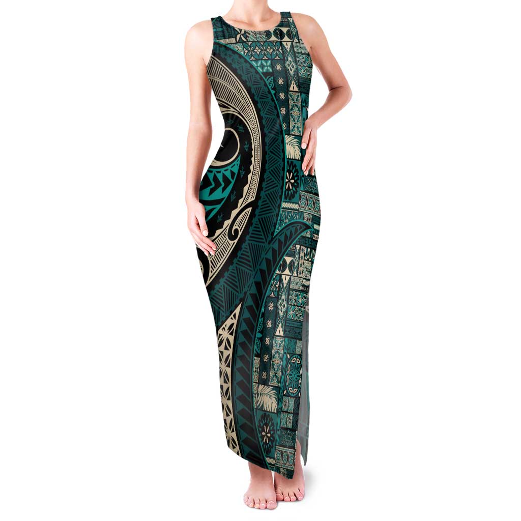 Vintage Samoa Siapo Mamanu Family Matching Tank Maxi Dress and Hawaiian Shirt Teal Samoan Tapa Motif - Polynesian Pride
