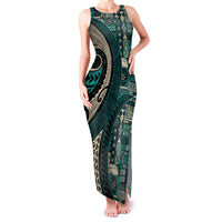 Vintage Samoa Siapo Mamanu Family Matching Tank Maxi Dress and Hawaiian Shirt Teal Samoan Tapa Motif - Polynesian Pride