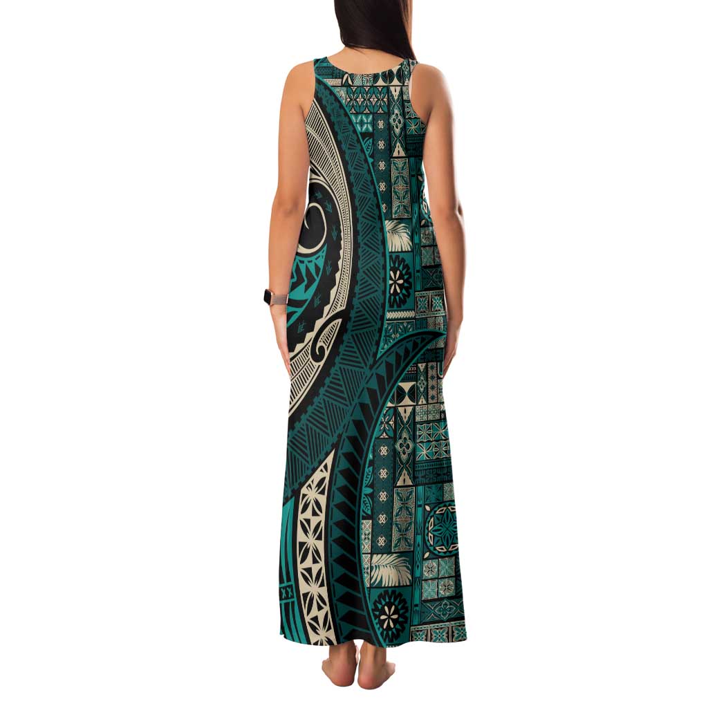 Vintage Samoa Siapo Mamanu Family Matching Tank Maxi Dress and Hawaiian Shirt Teal Samoan Tapa Motif - Polynesian Pride