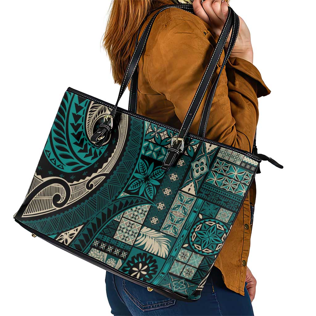 Vintage Samoa Siapo Mamanu Leather Tote Bag Teal Samoan Tapa Motif - Polynesian Pride