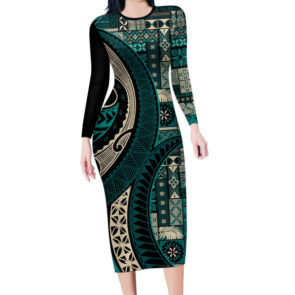 Vintage Samoa Siapo Mamanu Long Sleeve Bodycon Dress Teal Samoan Tapa Motif - Polynesian Pride