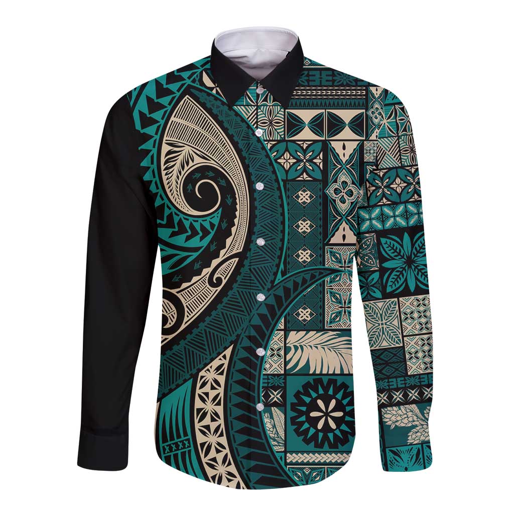 Vintage Samoa Siapo Mamanu Long Sleeve Button Shirt Teal Samoan Tapa Motif - Polynesian Pride