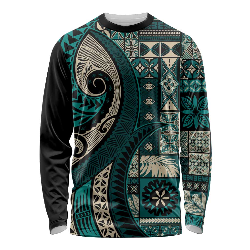 Vintage Samoa Siapo Mamanu Long Sleeve Shirt Teal Samoan Tapa Motif - Polynesian Pride