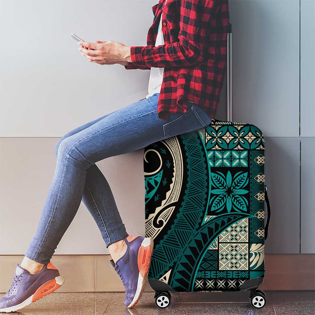 Vintage Samoa Siapo Mamanu Luggage Cover Teal Samoan Tapa Motif - Polynesian Pride