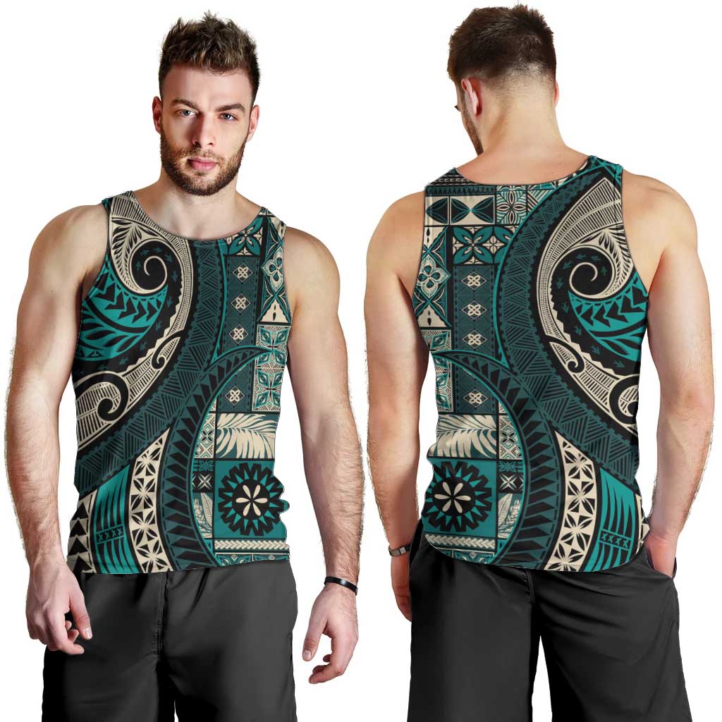 Vintage Samoa Siapo Mamanu Men Tank Top Teal Samoan Tapa Motif - Polynesian Pride