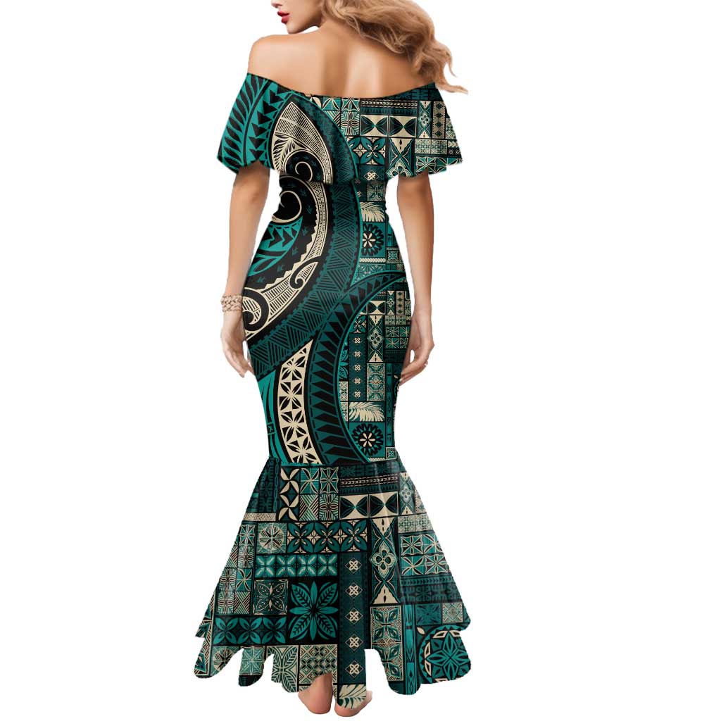 Vintage Samoa Siapo Mamanu Mermaid Dress Teal Samoan Tapa Motif - Polynesian Pride