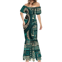 Vintage Samoa Siapo Mamanu Mermaid Dress Teal Samoan Tapa Motif - Polynesian Pride