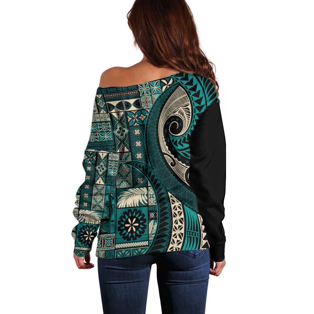 Vintage Samoa Siapo Mamanu Off Shoulder Sweater Teal Samoan Tapa Motif - Polynesian Pride