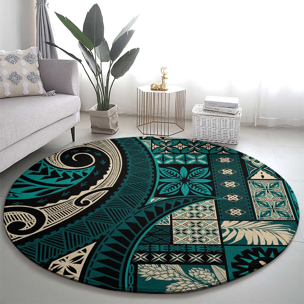 Vintage Samoa Siapo Mamanu Round Carpet Teal Samoan Tapa Motif - Polynesian Pride
