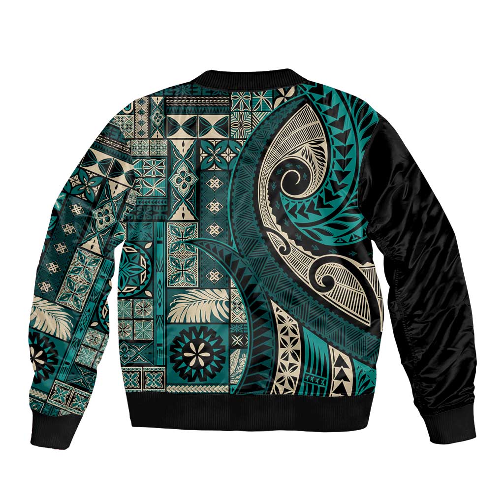 Vintage Samoa Siapo Mamanu Sleeve Zip Bomber Jacket Teal Samoan Tapa Motif - Polynesian Pride