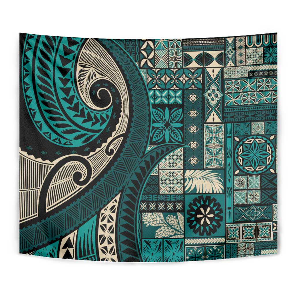 Vintage Samoa Siapo Mamanu Tapestry Teal Samoan Tapa Motif - Polynesian Pride