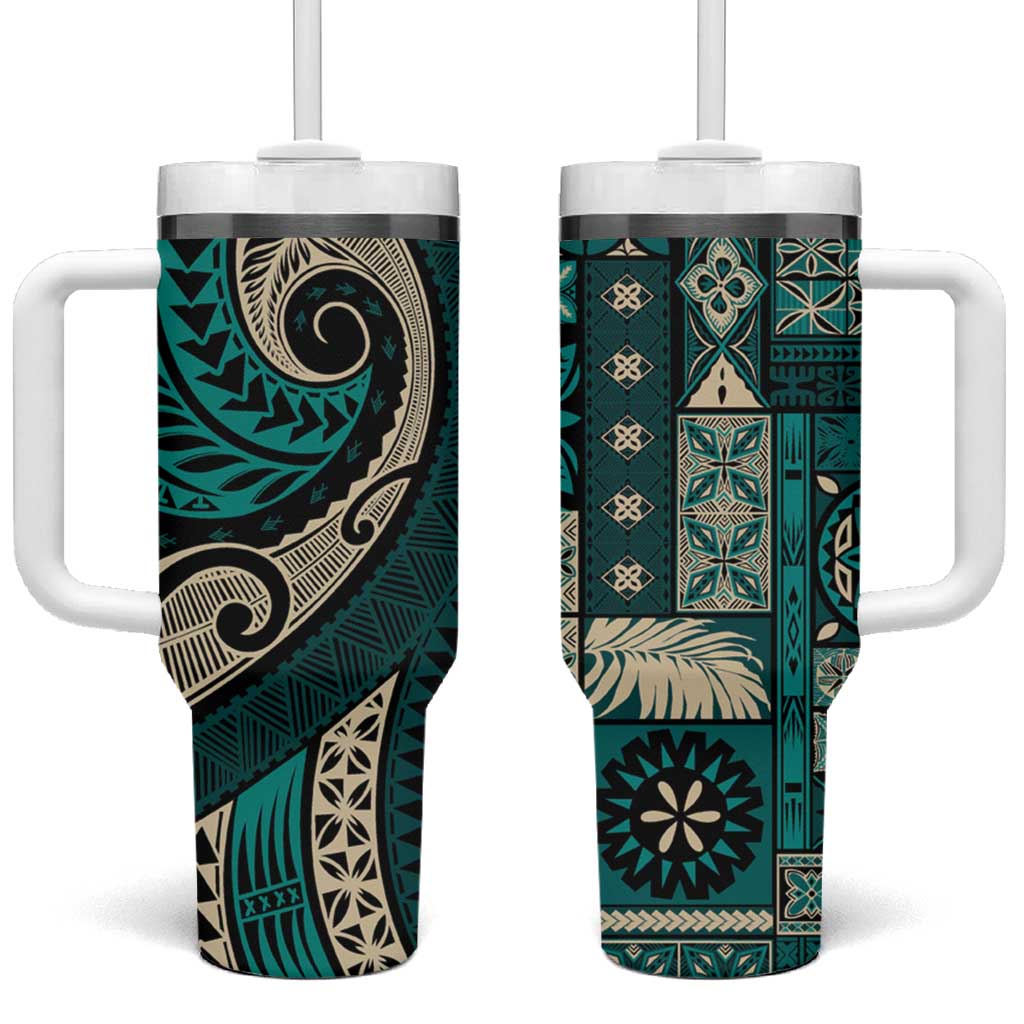 Vintage Samoa Siapo Mamanu Tumbler With Handle Teal Samoan Tapa Motif - Polynesian Pride