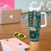 Vintage Samoa Siapo Mamanu Tumbler With Handle Teal Samoan Tapa Motif - Polynesian Pride