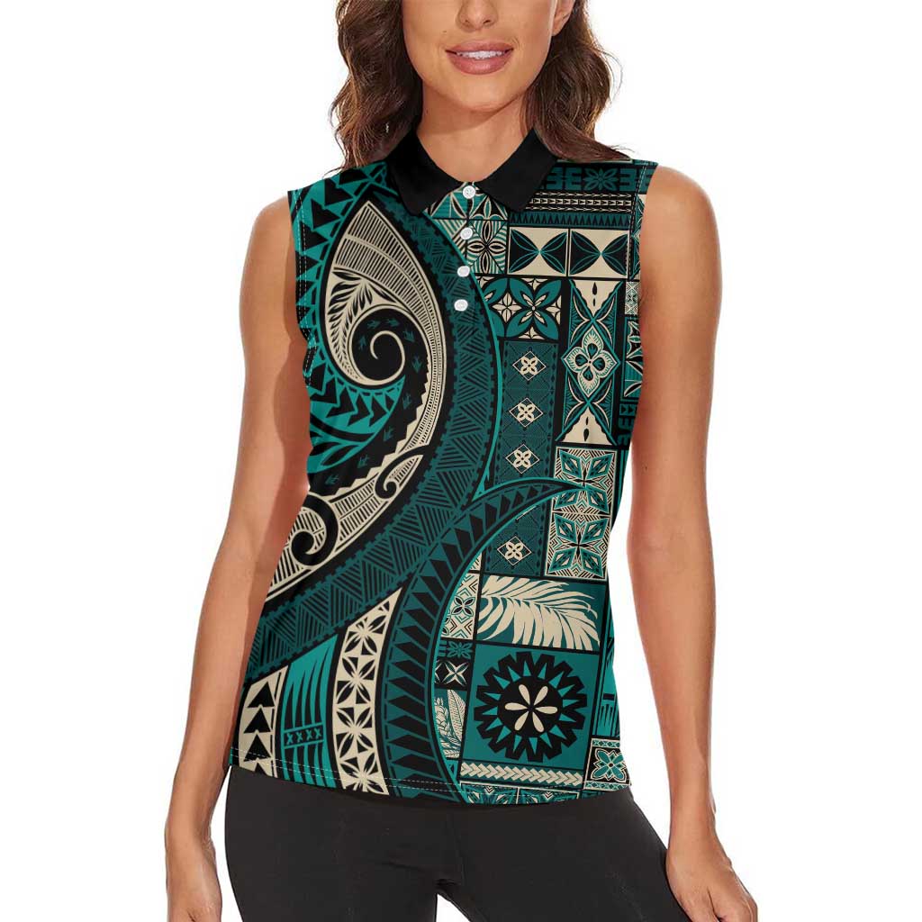 Vintage Samoa Siapo Mamanu Women Sleeveless Polo Shirt Teal Samoan Tapa Motif - Polynesian Pride