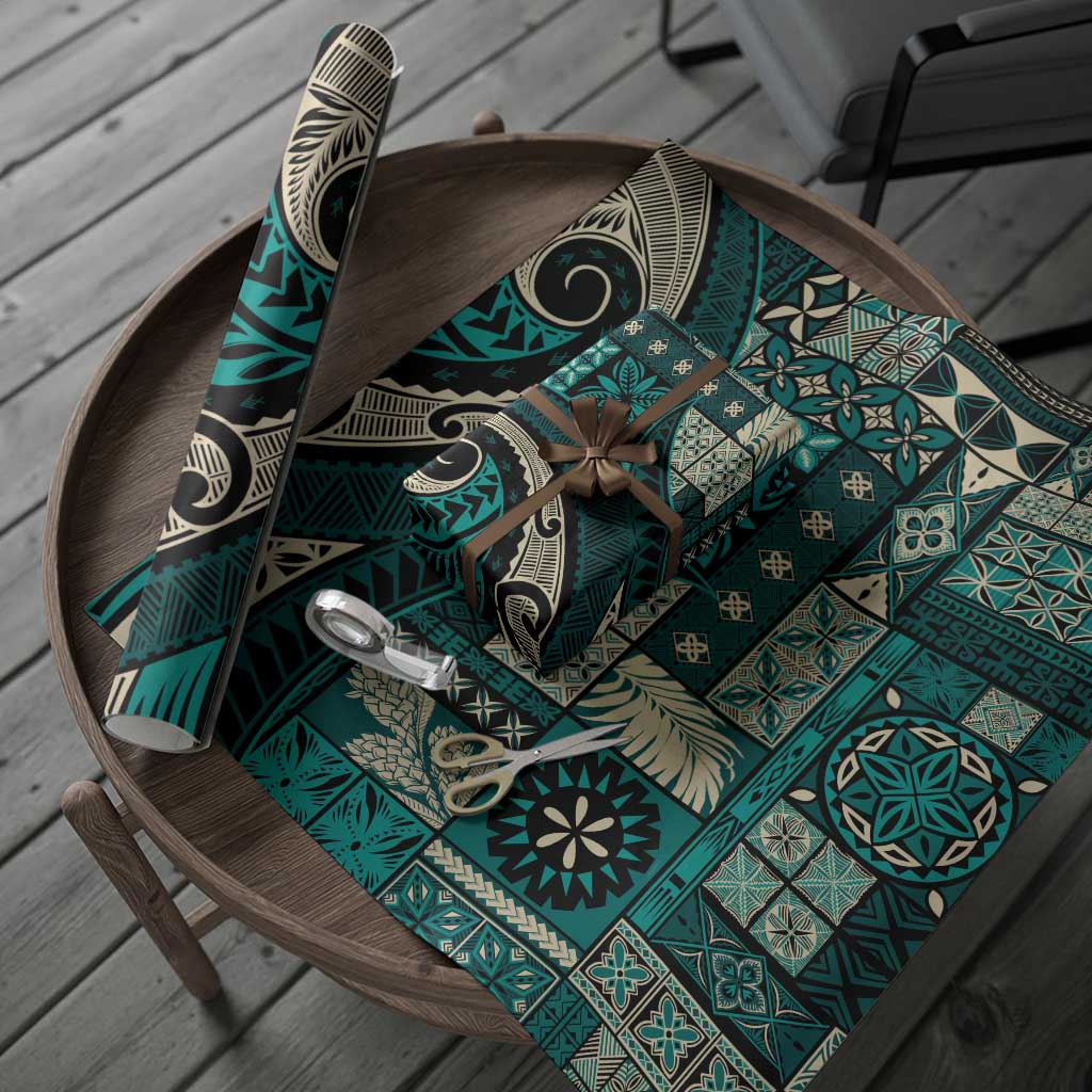 Vintage Samoa Siapo Mamanu Wrapping Paper Teal Samoan Tapa Motif - Polynesian Pride