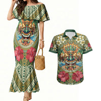 Hawaii Tiki Mask Personalized Couples Matching Mermaid Dress and Hawaiian Shirt Mele Kalikimaka i Iulai! LT9 Green - Polynesian Pride