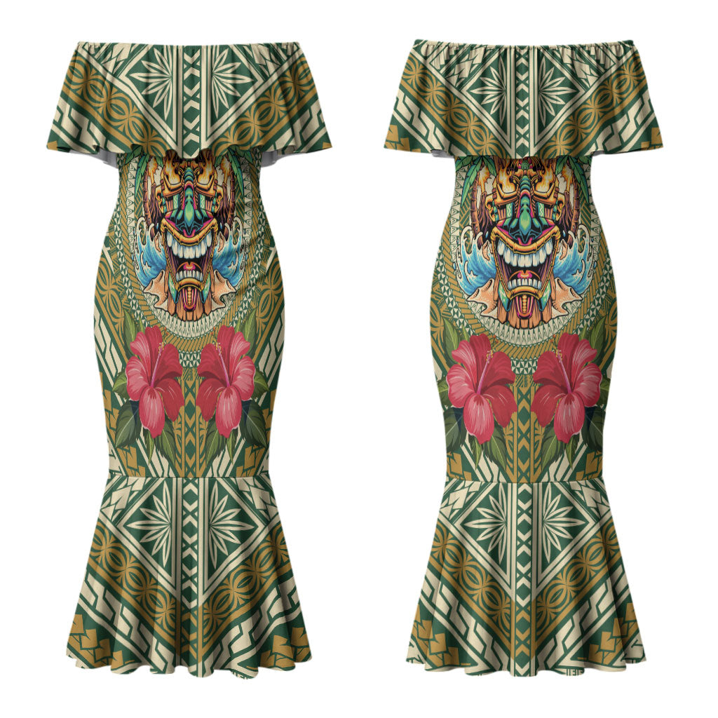 Hawaii Tiki Mask Personalized Couples Matching Mermaid Dress and Hawaiian Shirt Mele Kalikimaka i Iulai! LT9 - Polynesian Pride