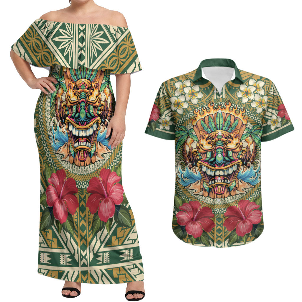 Hawaii Tiki Mask Personalized Couples Matching Off Shoulder Maxi Dress and Hawaiian Shirt Mele Kalikimaka i Iulai! LT9 Green - Polynesian Pride