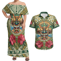 Hawaii Tiki Mask Personalized Couples Matching Off Shoulder Maxi Dress and Hawaiian Shirt Mele Kalikimaka i Iulai! LT9 Green - Polynesian Pride