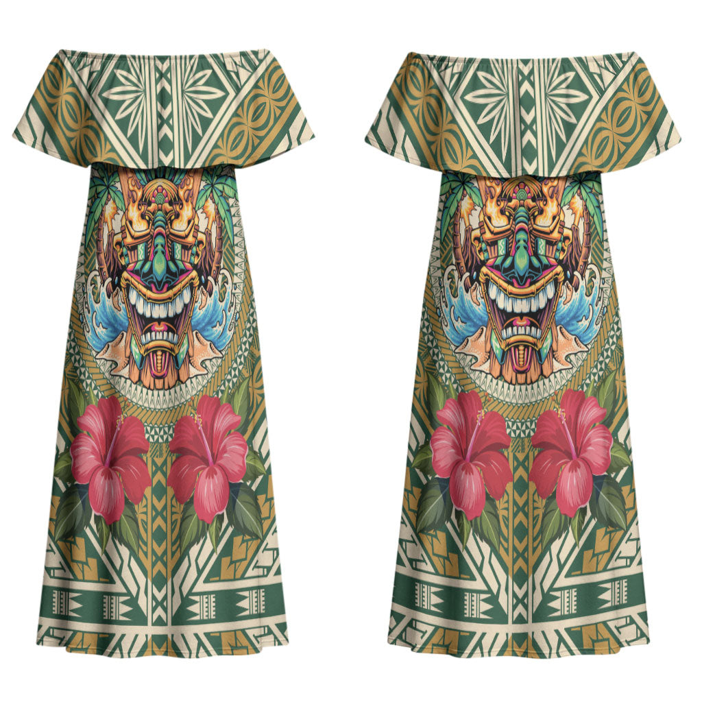 Hawaii Tiki Mask Personalized Couples Matching Off Shoulder Maxi Dress and Hawaiian Shirt Mele Kalikimaka i Iulai! LT9 - Polynesian Pride