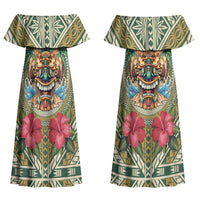Hawaii Tiki Mask Personalized Couples Matching Off Shoulder Maxi Dress and Long Sleeve Button Shirt Mele Kalikimaka i Iulai! LT9 - Polynesian Pride