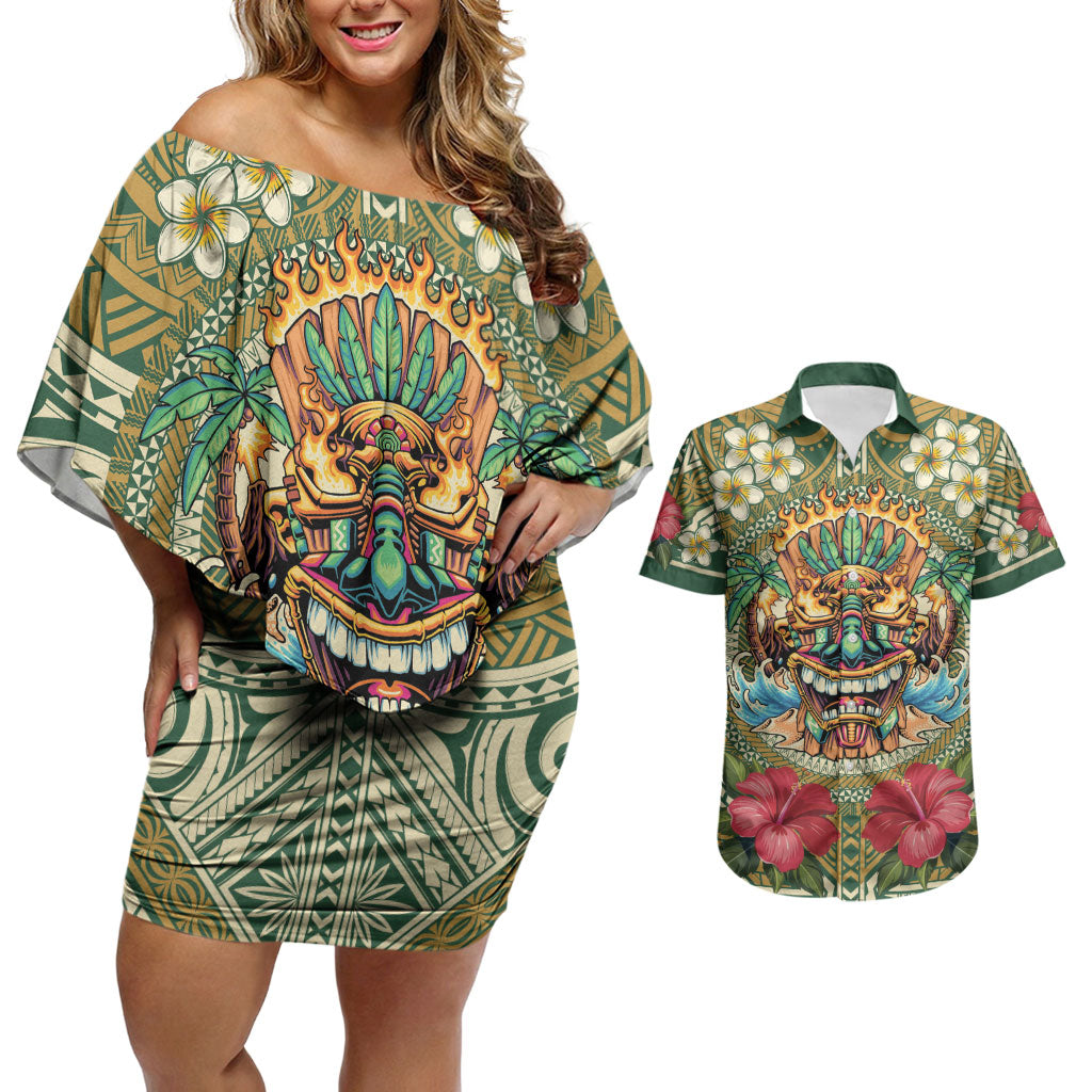 Hawaii Tiki Mask Personalized Couples Matching Off Shoulder Short Dress and Hawaiian Shirt Mele Kalikimaka i Iulai! LT9 Green - Polynesian Pride