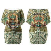 Hawaii Tiki Mask Personalized Couples Matching Off Shoulder Short Dress and Long Sleeve Button Shirt Mele Kalikimaka i Iulai! LT9 - Polynesian Pride