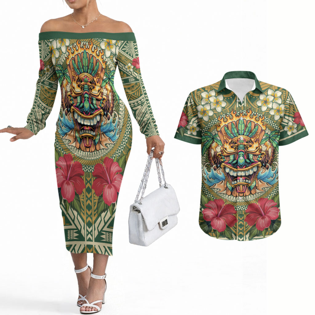 Hawaii Tiki Mask Personalized Couples Matching Off The Shoulder Long Sleeve Dress and Hawaiian Shirt Mele Kalikimaka i Iulai! LT9 Green - Polynesian Pride