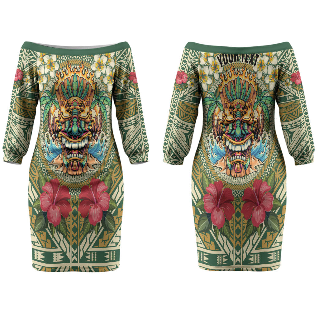 Hawaii Tiki Mask Personalized Couples Matching Off The Shoulder Long Sleeve Dress and Hawaiian Shirt Mele Kalikimaka i Iulai! LT9 - Polynesian Pride