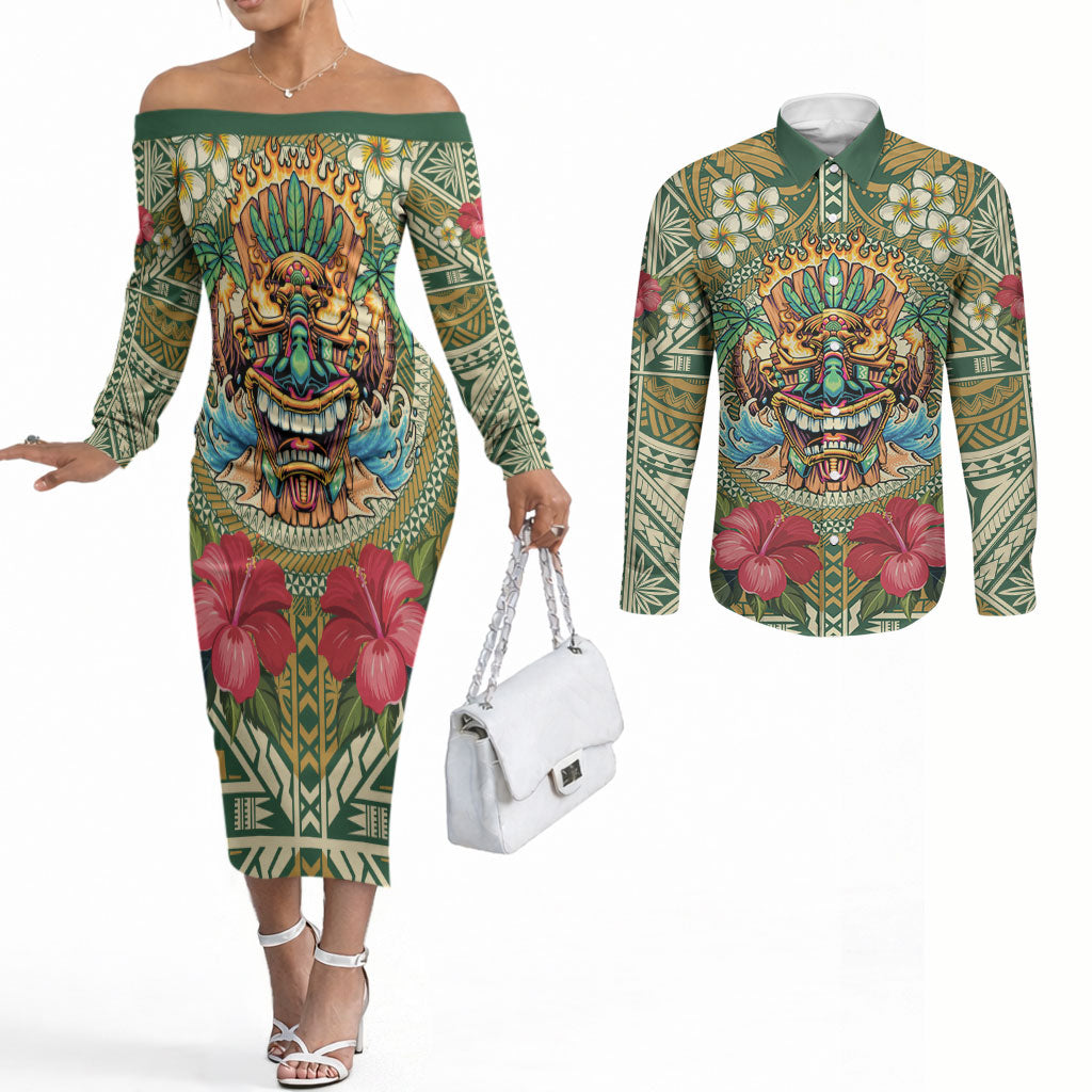 Hawaii Tiki Mask Personalized Couples Matching Off The Shoulder Long Sleeve Dress and Long Sleeve Button Shirt Mele Kalikimaka i Iulai! LT9 Green - Polynesian Pride