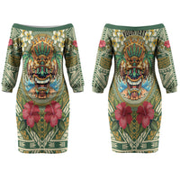 Hawaii Tiki Mask Personalized Couples Matching Off The Shoulder Long Sleeve Dress and Long Sleeve Button Shirt Mele Kalikimaka i Iulai! LT9 - Polynesian Pride