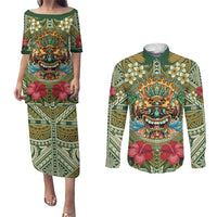 Hawaii Tiki Mask Personalized Couples Matching Puletasi and Long Sleeve Button Shirt Mele Kalikimaka i Iulai!