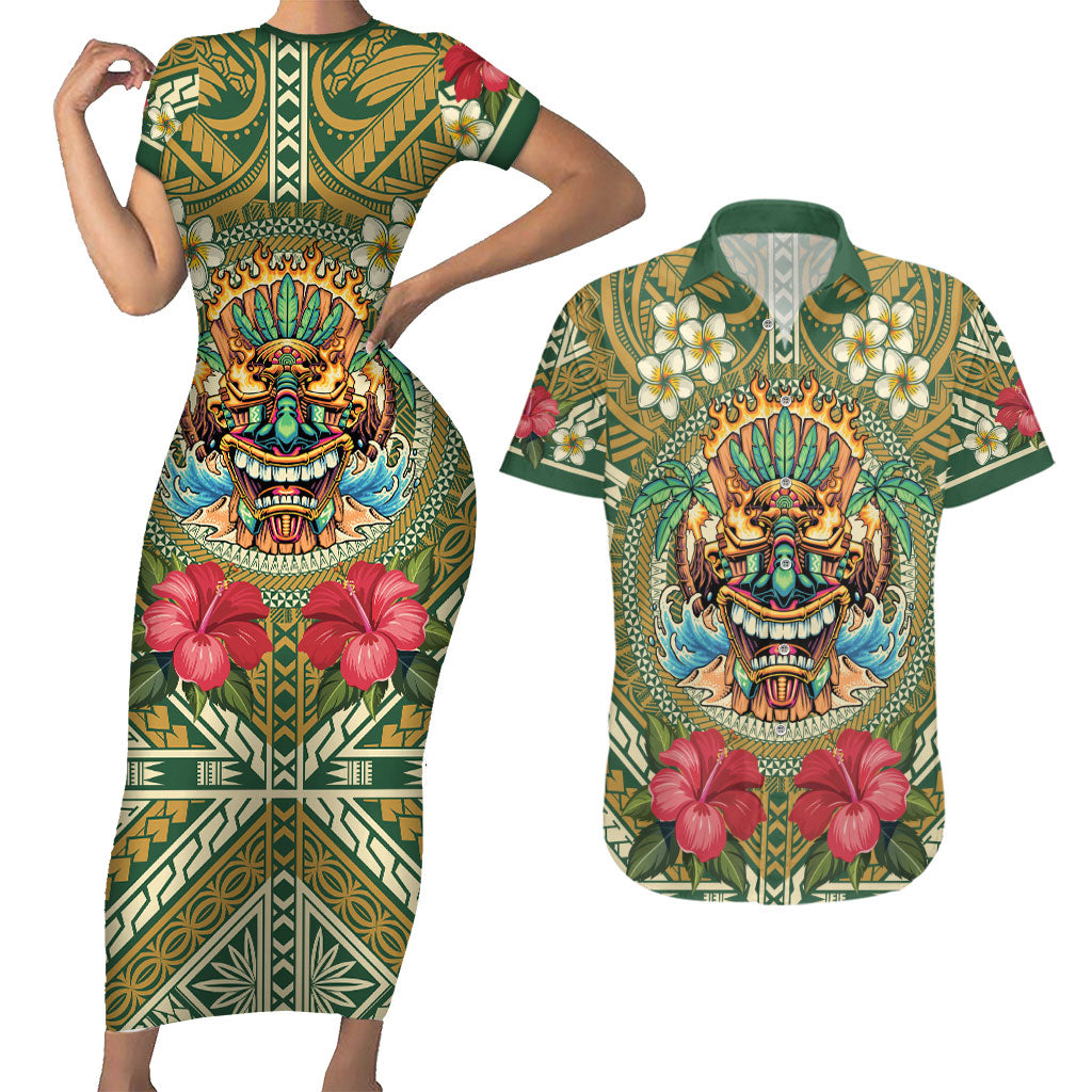 Hawaii Tiki Mask Personalized Couples Matching Short Sleeve Bodycon Dress and Hawaiian Shirt Mele Kalikimaka i Iulai!