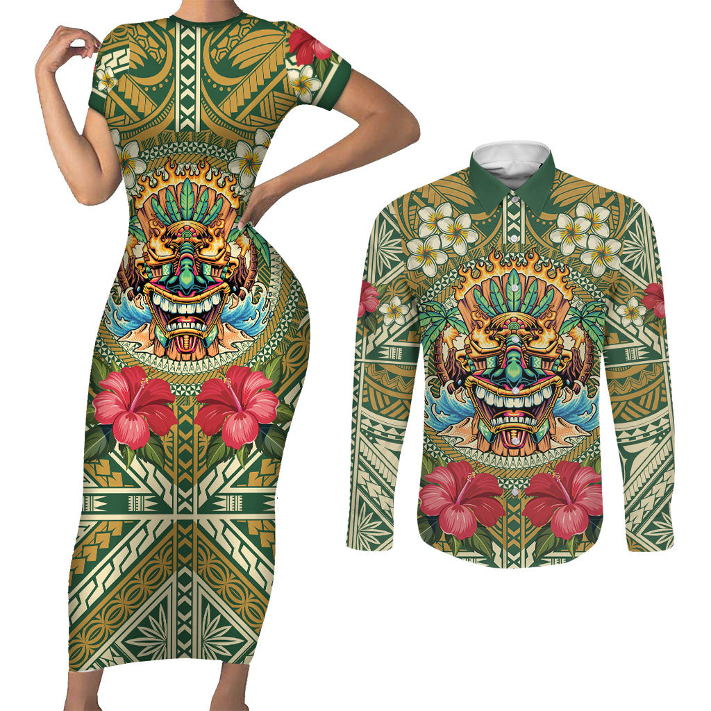 Hawaii Tiki Mask Personalized Couples Matching Short Sleeve Bodycon Dress and Long Sleeve Button Shirt Mele Kalikimaka i Iulai!
