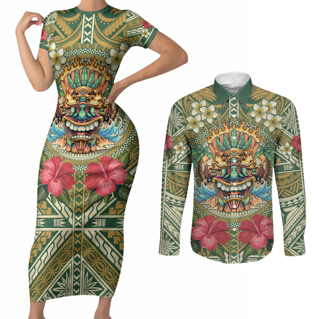 Hawaii Tiki Mask Personalized Couples Matching Short Sleeve Bodycon Dress and Long Sleeve Button Shirt Mele Kalikimaka i Iulai! LT9 Green - Polynesian Pride