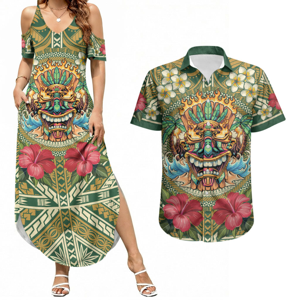 Hawaii Tiki Mask Personalized Couples Matching Summer Maxi Dress and Hawaiian Shirt Mele Kalikimaka i Iulai! LT9 Green - Polynesian Pride