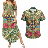 Hawaii Tiki Mask Personalized Couples Matching Summer Maxi Dress and Hawaiian Shirt Mele Kalikimaka i Iulai! LT9 Green - Polynesian Pride