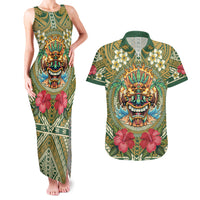 Hawaii Tiki Mask Personalized Couples Matching Tank Maxi Dress and Hawaiian Shirt Mele Kalikimaka i Iulai!