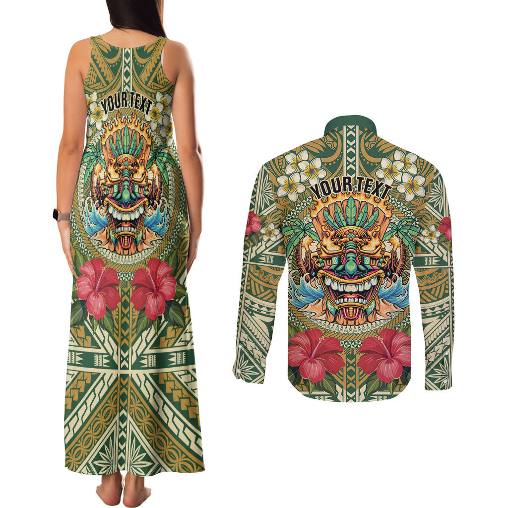 Hawaii Tiki Mask Personalized Couples Matching Tank Maxi Dress and Long Sleeve Button Shirt Mele Kalikimaka i Iulai!