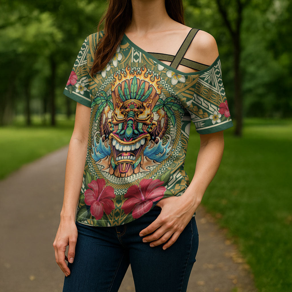 Hawaii Tiki Mask Personalized Cross Shoulder Shirt Mele Kalikimaka i Iulai!