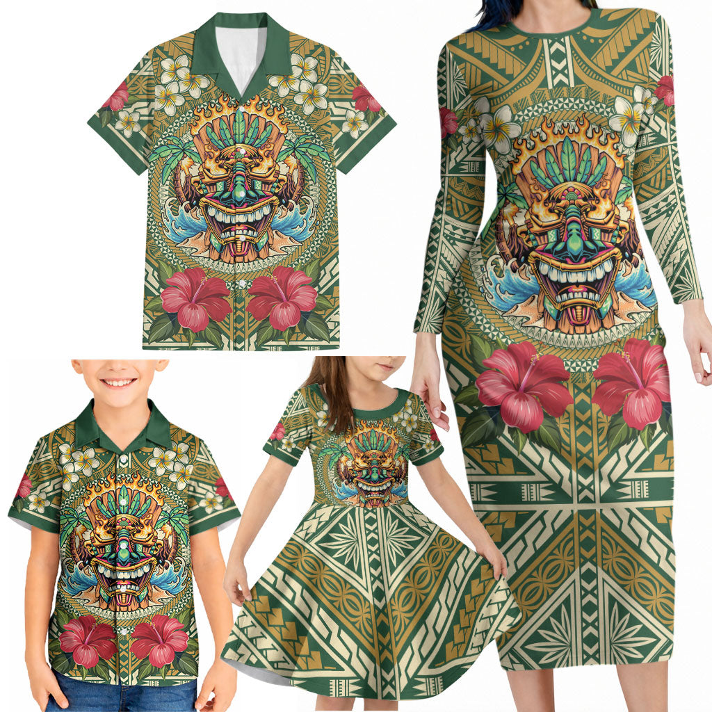 Hawaii Tiki Mask Personalized Family Matching Long Sleeve Bodycon Dress and Hawaiian Shirt Mele Kalikimaka i Iulai! LT9 - Polynesian Pride