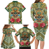 Hawaii Tiki Mask Personalized Family Matching Long Sleeve Bodycon Dress and Hawaiian Shirt Mele Kalikimaka i Iulai!
