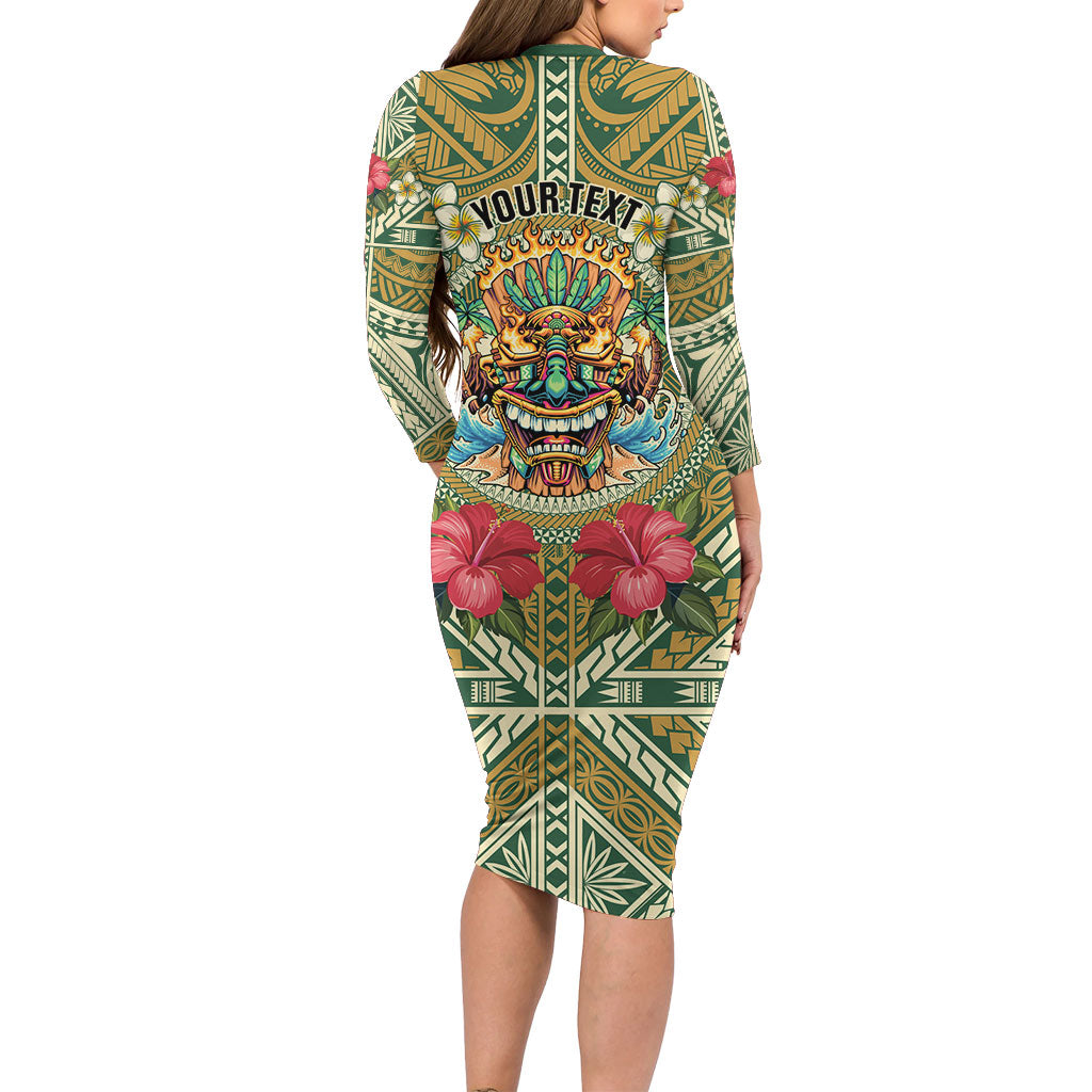 Hawaii Tiki Mask Personalized Family Matching Long Sleeve Bodycon Dress and Hawaiian Shirt Mele Kalikimaka i Iulai!