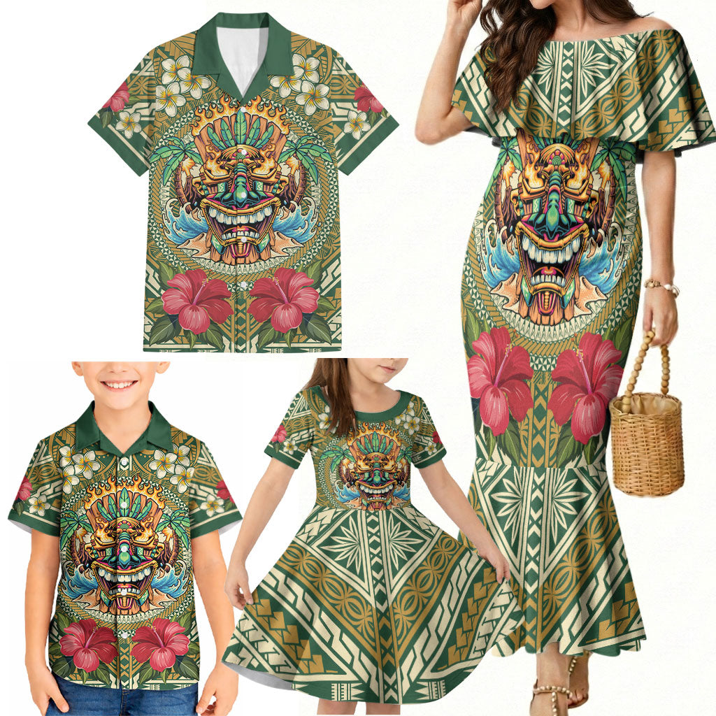 Hawaii Tiki Mask Personalized Family Matching Mermaid Dress and Hawaiian Shirt Mele Kalikimaka i Iulai! LT9 - Polynesian Pride