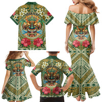 Hawaii Tiki Mask Personalized Family Matching Mermaid Dress and Hawaiian Shirt Mele Kalikimaka i Iulai!