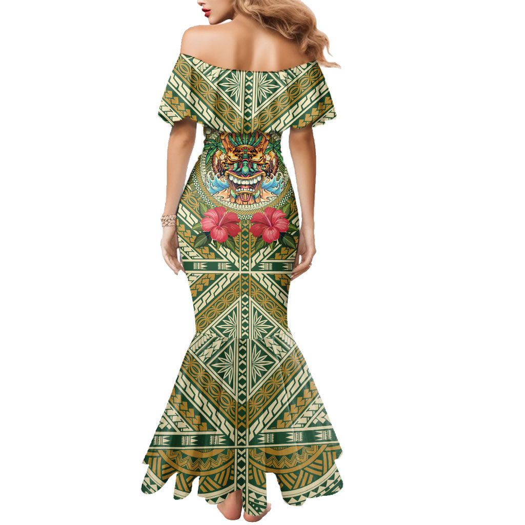 Hawaii Tiki Mask Personalized Family Matching Mermaid Dress and Hawaiian Shirt Mele Kalikimaka i Iulai!