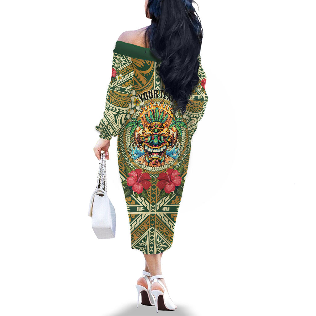 Hawaii Tiki Mask Personalized Family Matching Off The Shoulder Long Sleeve Dress and Hawaiian Shirt Mele Kalikimaka i Iulai!