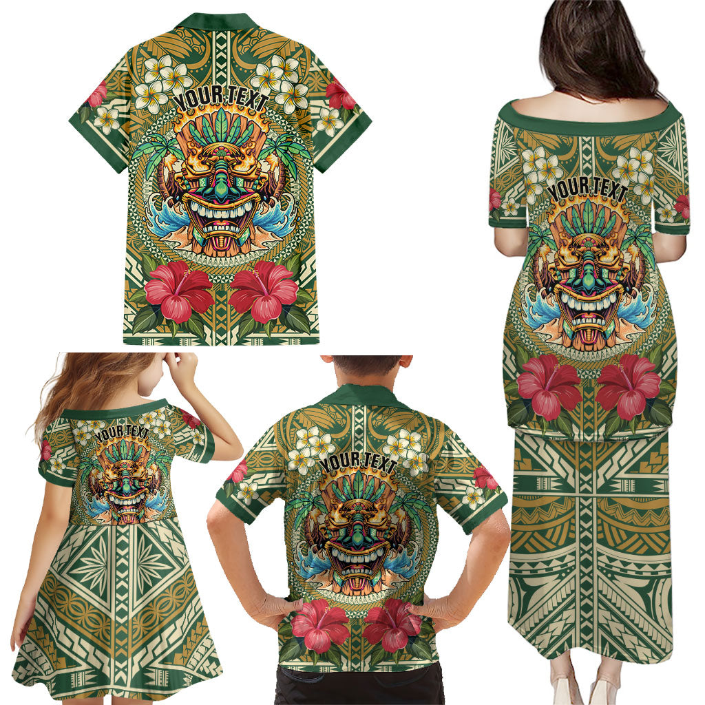Hawaii Tiki Mask Personalized Family Matching Puletasi and Hawaiian Shirt Mele Kalikimaka i Iulai!