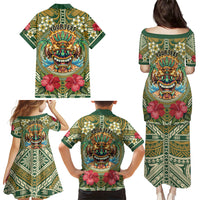 Hawaii Tiki Mask Personalized Family Matching Puletasi and Hawaiian Shirt Mele Kalikimaka i Iulai!