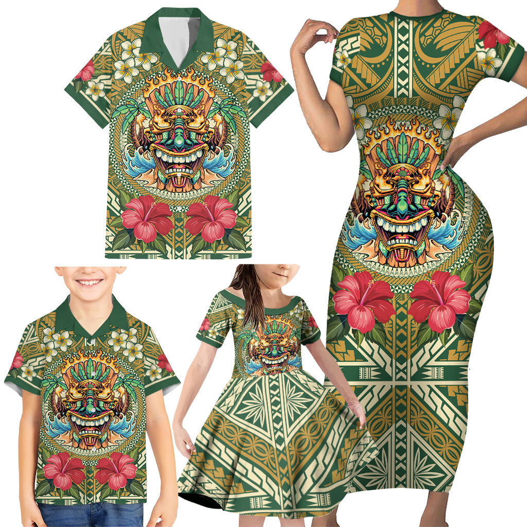Hawaii Tiki Mask Personalized Family Matching Short Sleeve Bodycon Dress and Hawaiian Shirt Mele Kalikimaka i Iulai!